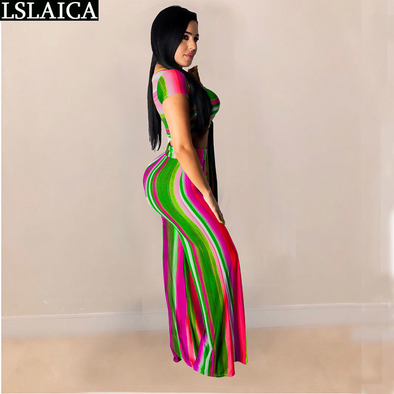 Two Piece Set Women Crop Top Lacing&Long Pant Color Print Casual Sexy 2 Plus Size African 2 s Womens Outfits 210520