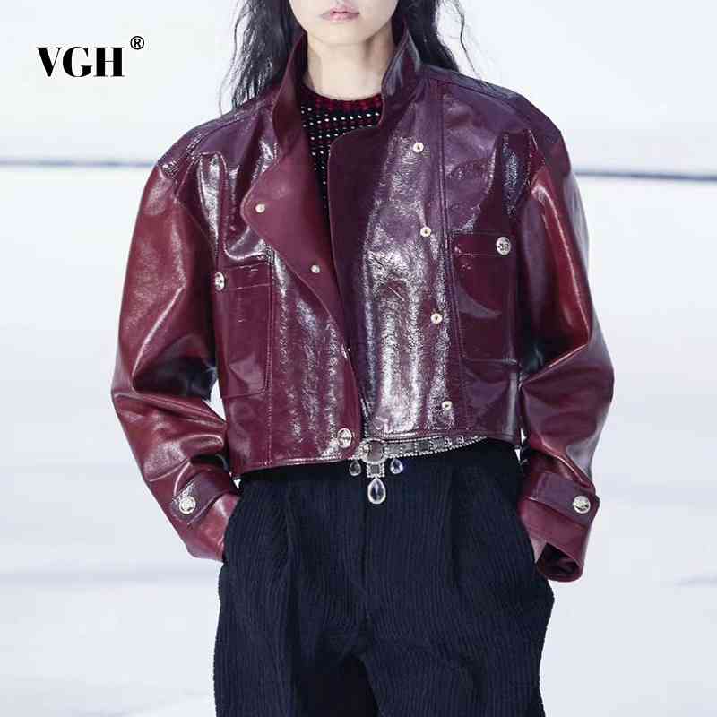 VGH Casual Moto Jacket For Women Stand Collar Long Sleeve Solid Minimalist Short Tops Female Autumn Fashion New Clothing 210421