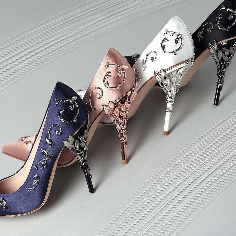 Women Pumps Pointed Toe Flower Heel Wedding Shoes Elegant Silk Design High Heels Ladies Drop Dress