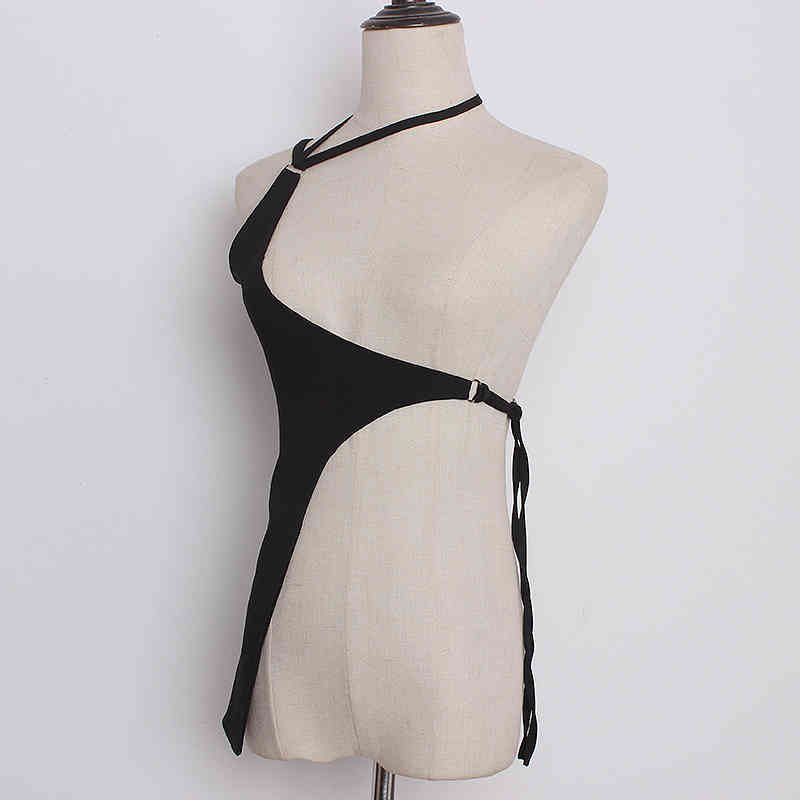 Black Sexy Vests For Women Asymmetrical Collar Sleeveless Bandage Irregular Solid Tank Tops Female Summer 210524