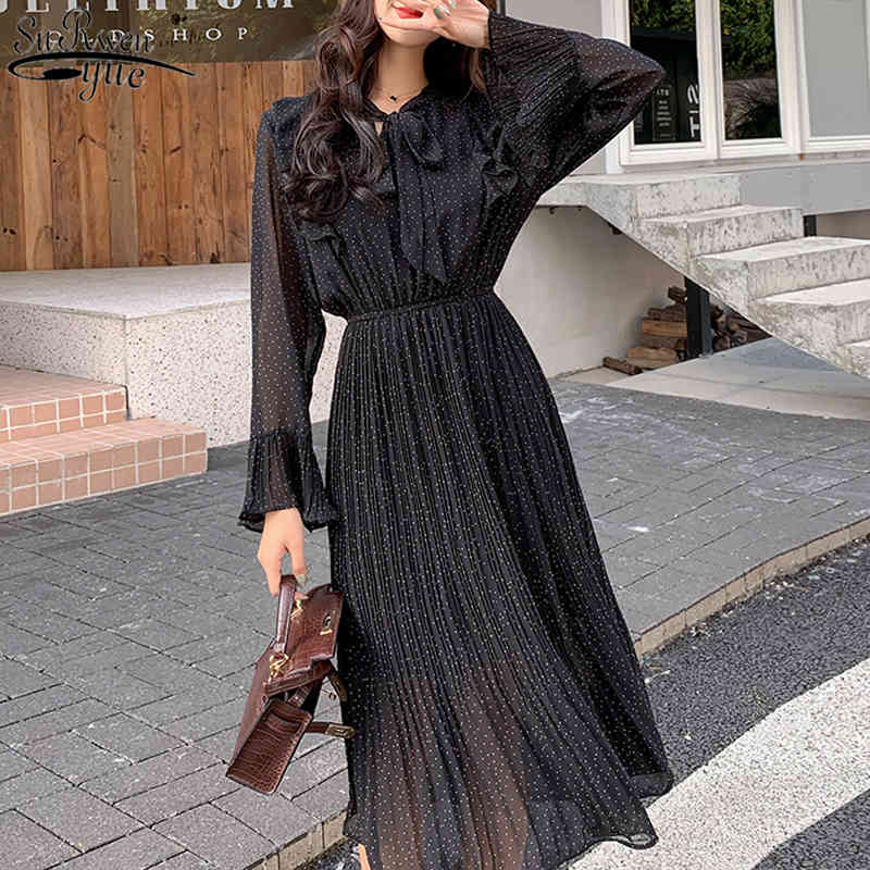 Autumn Women Vintage High Waist Pleated Dress Elegant Polka Dot Chiffon es Black Bow Collar Vestidos 11185 210427