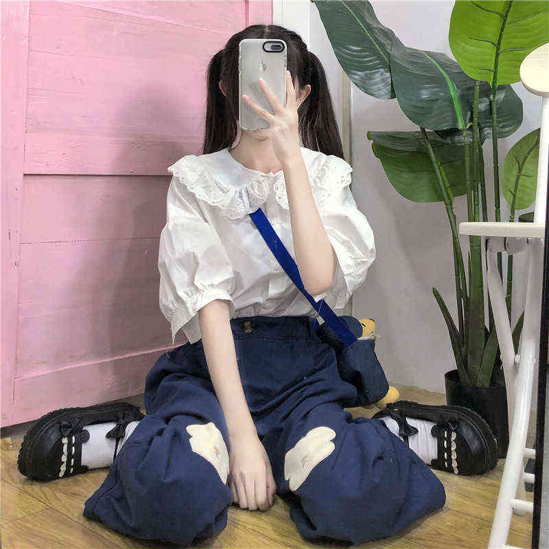 Japanese Kawaii Women Soft Girl Pants Korean Teen Girls Loose Thin Cartoon Bear Embroidery Wild Casual Female Cute 211115