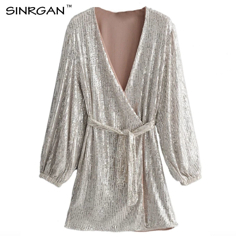 NANKEY Party Silver Glitter Sequin Dress Women Evening Sexy Body Occasion Wrap Dress Sashes V Neck Mini Vestidos 210409