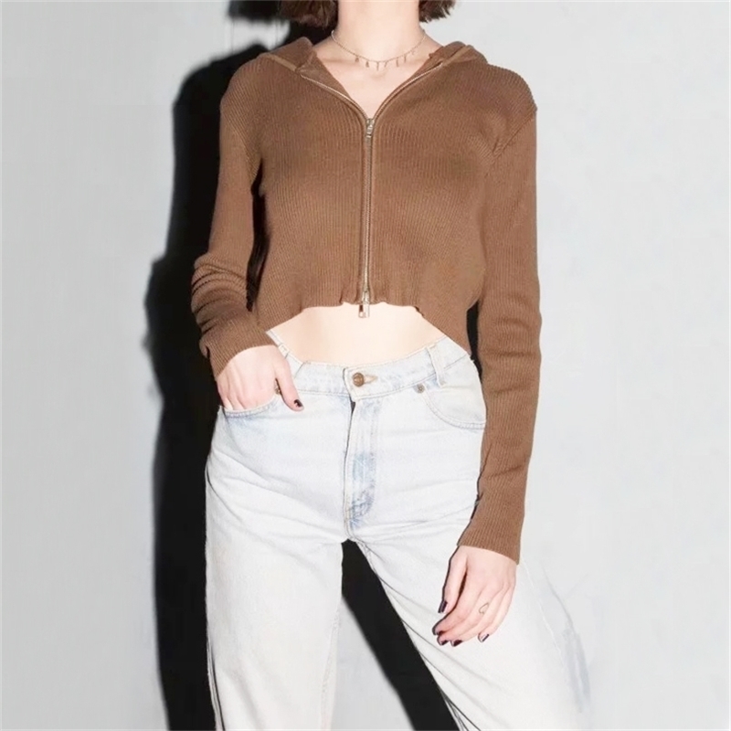 Women Ribbed Kint Zip Up Hooded Cardigan With Silver Zippers Knit Sweater Knitwear 210512