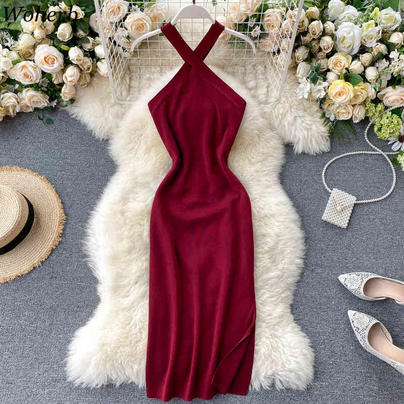 Women Bodycon Dress Fashion Sexy Cross Halter Robe Sleeveless Knitted Vestidos Summer Elegant Party Dresses 4i651 210519