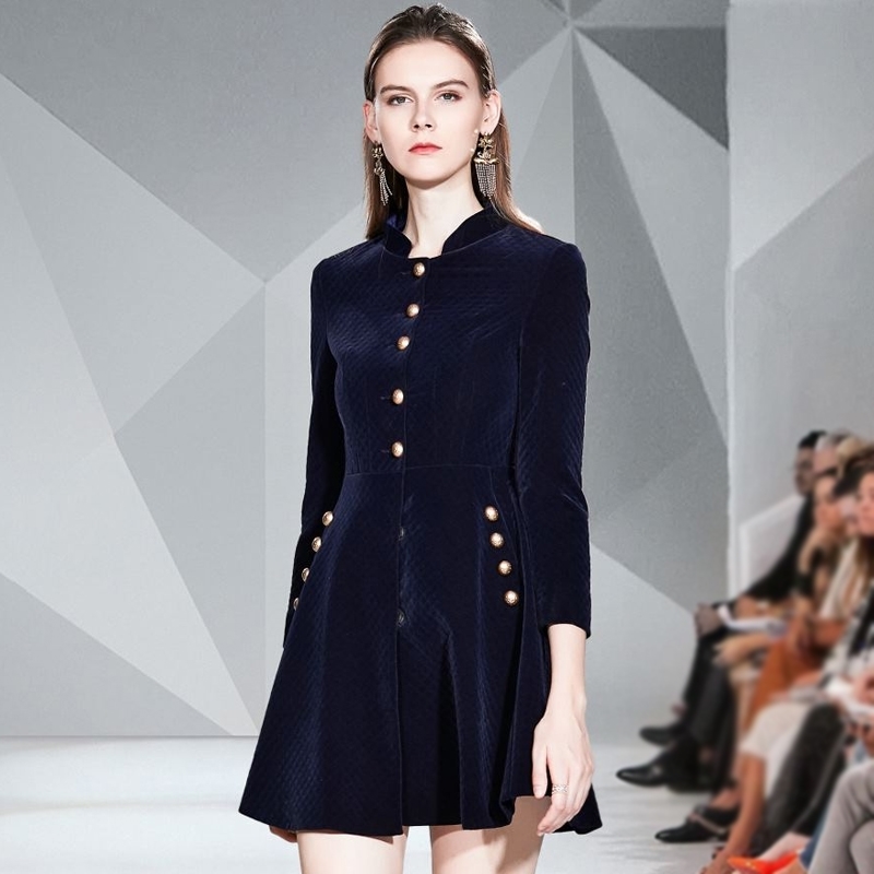 Autumn And Winter Blue Velvet Big Swing Dresses Long Sleeve Single Breasted Plus Size Vestido Da Festa 210520