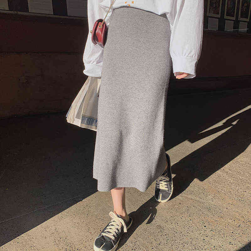 High Elastic Waist Women Long Skirt Knitted Pencil Skirt Wool Autumn Split Skirts Female Black Winter Solid Knitting One-step 211119