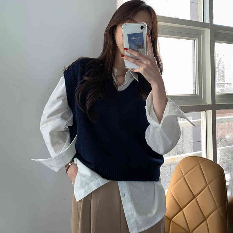 Nomikuma Korean Causal Women 2piece Sets V-neck Sleeveless Knitted Loose Vest + Long Sleeve Solid Blouses New Suits 6D978 210427