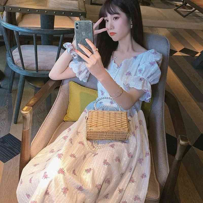 Summer Sweet Elegant Dress Women Short Sleeve Chiffon Floral Dress Party Beach Casual Dress Kawaii Korean Style Office Lady 210521
