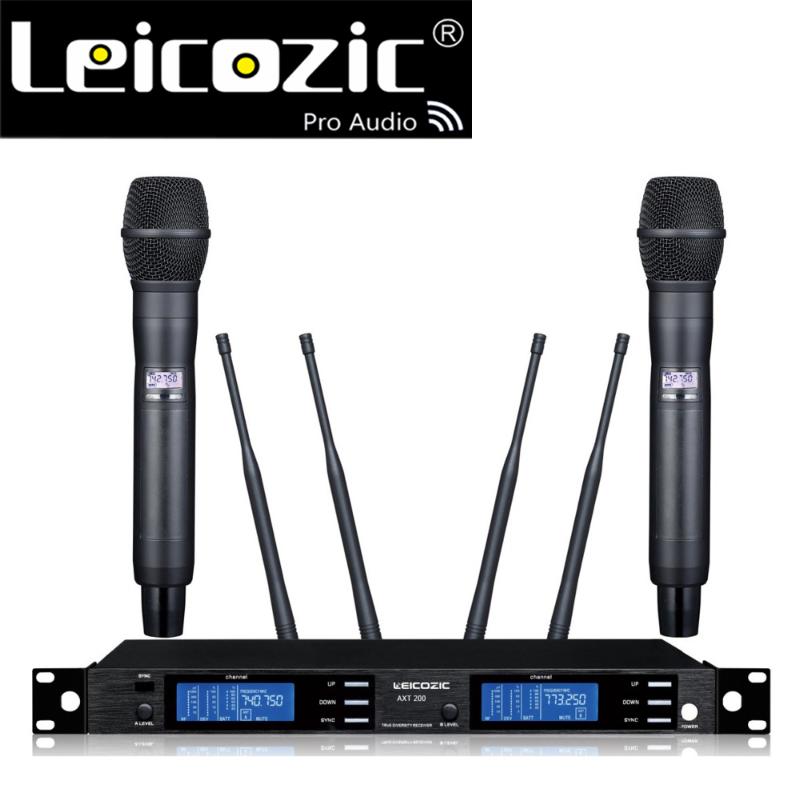 Leicozic Professional UHF Wireless Stage Microphone Mic System Dual Channels True Diversity Receiver 2 Handheld LED Display Microphones