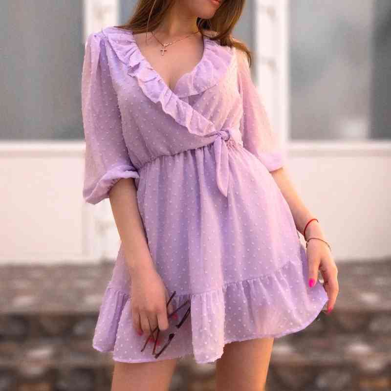 Women Cross V Neck Ruffle Lace Up Flocked Chiffon Mini Dress Female Lantern Sleeve Clothes Casual Lady Loose Vestido D7372 210430