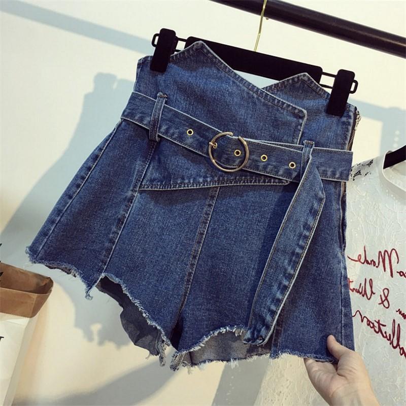 Women Plus-Size Shorts Loose High Waist A-line Jeans Short Vintage Solid Side Zipper Sashes Asymmetrical Female Denim Women's