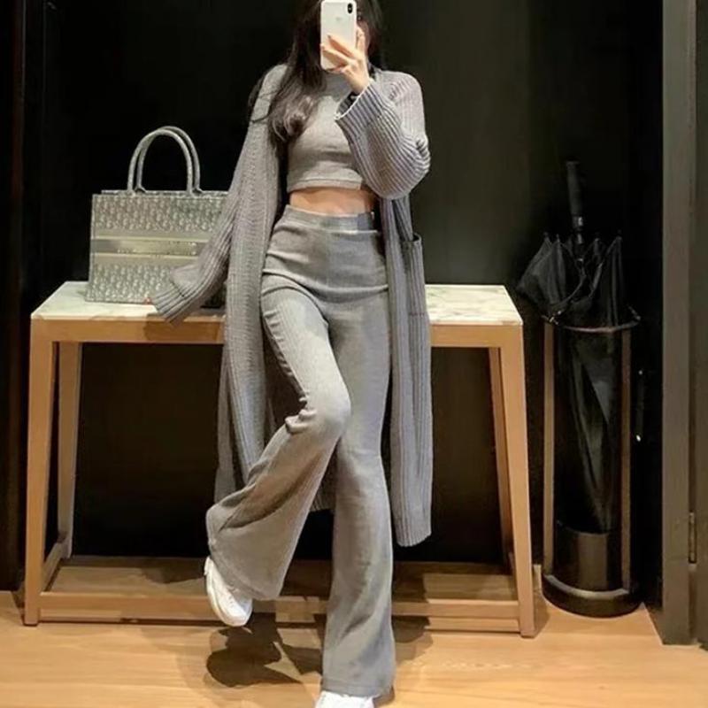 Women Set Woman T-shirt Pants Sets Long Sleeve Short Tops High Waist Wide Leg Fashion Two-piece 210524