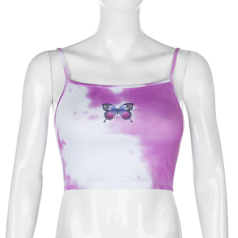 Sexy Butterfly Crop Top Woman Backless Spaghetti Strap Tank Tops Summer Clubwear Party Tie Dye Cami Top Harajuku Debardeur Femme 210407
