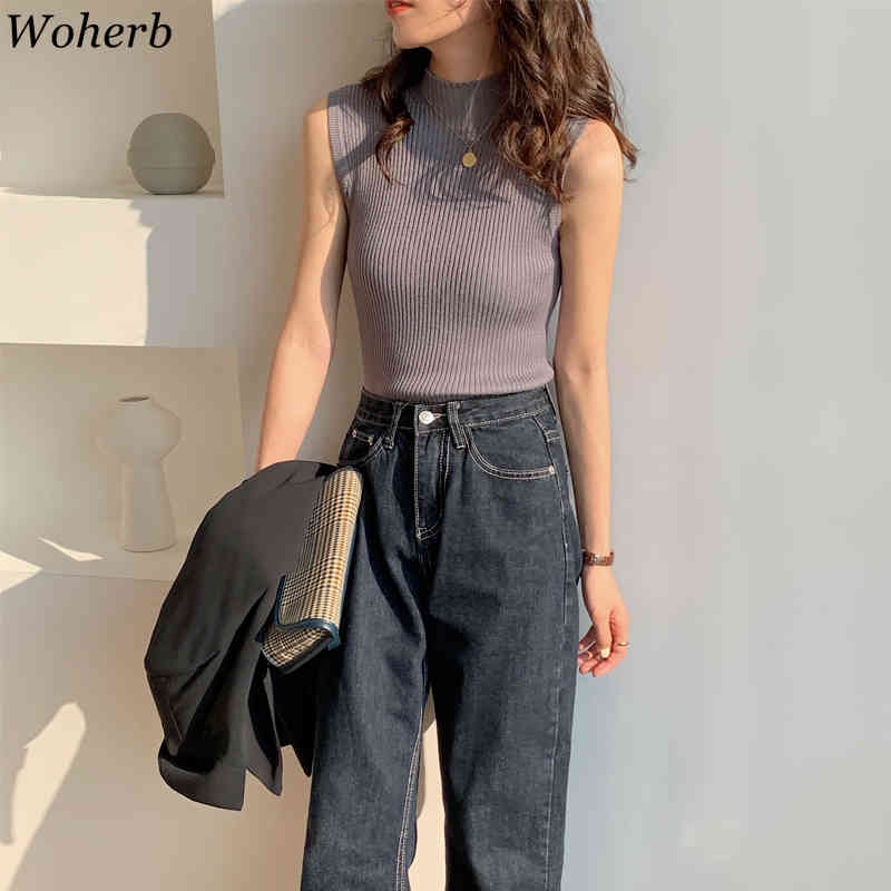 Women Tank Tops Summer Knitted Turtleneck Ladies Sexy Thin Slim Female Casual T-shirt All Match Top 210519
