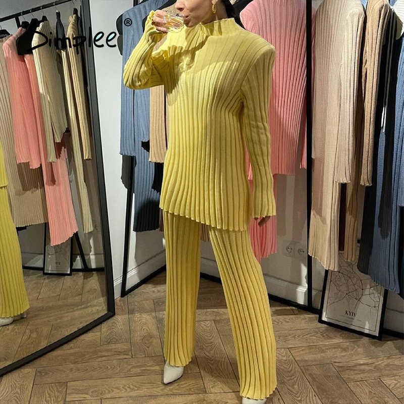 Vintage green turtleneck long sleeves knitted pant set High street winter two-piece set Female shoulder pads suit 211007