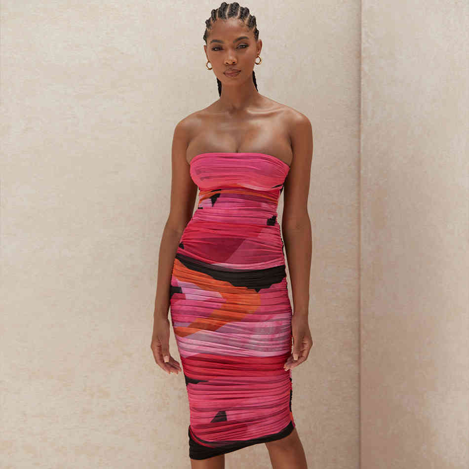 Summer Women Fashion Red Sleeveless Club Dress Sexy Strapless Mesh Draped Celebrity Runway Party Dresses Vestidos 210423