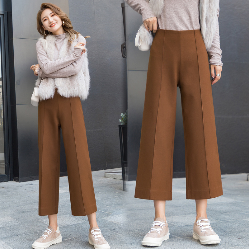Korean Slim Woolen Wide Leg Autumn Winter Capri Casual Black Women Straight Loose High Waist Woman Pants 11586 210415