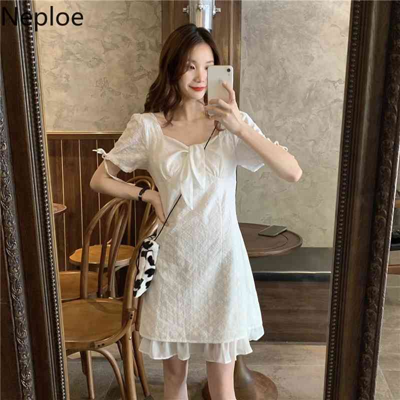 Neploe White Dresses for Women New Vintage Vestidos Female Korean Chic Robe Square Lace Up Bow Short Elegant Dress 95458 210422