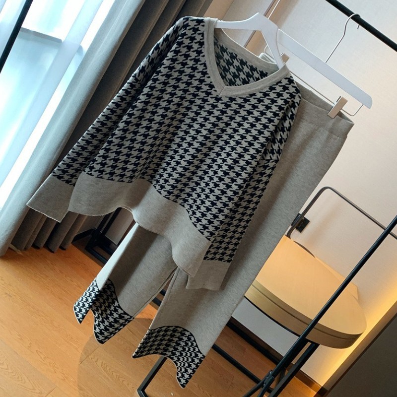 Autumn Winter Vintage Women Outfits Knit Houndstooth Pullover Sweaters + Wide leg pants Sets Woman Casual Fashion 2 Pieces Set 210519