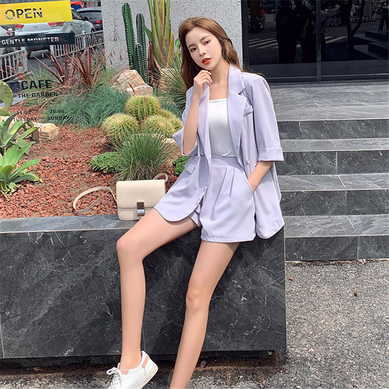 OL Purple Thin Summer Streetwear Chic Elegance Brief Blazers+High Waist Stylish Shorts Suits Women 2 Piece Sets 210421