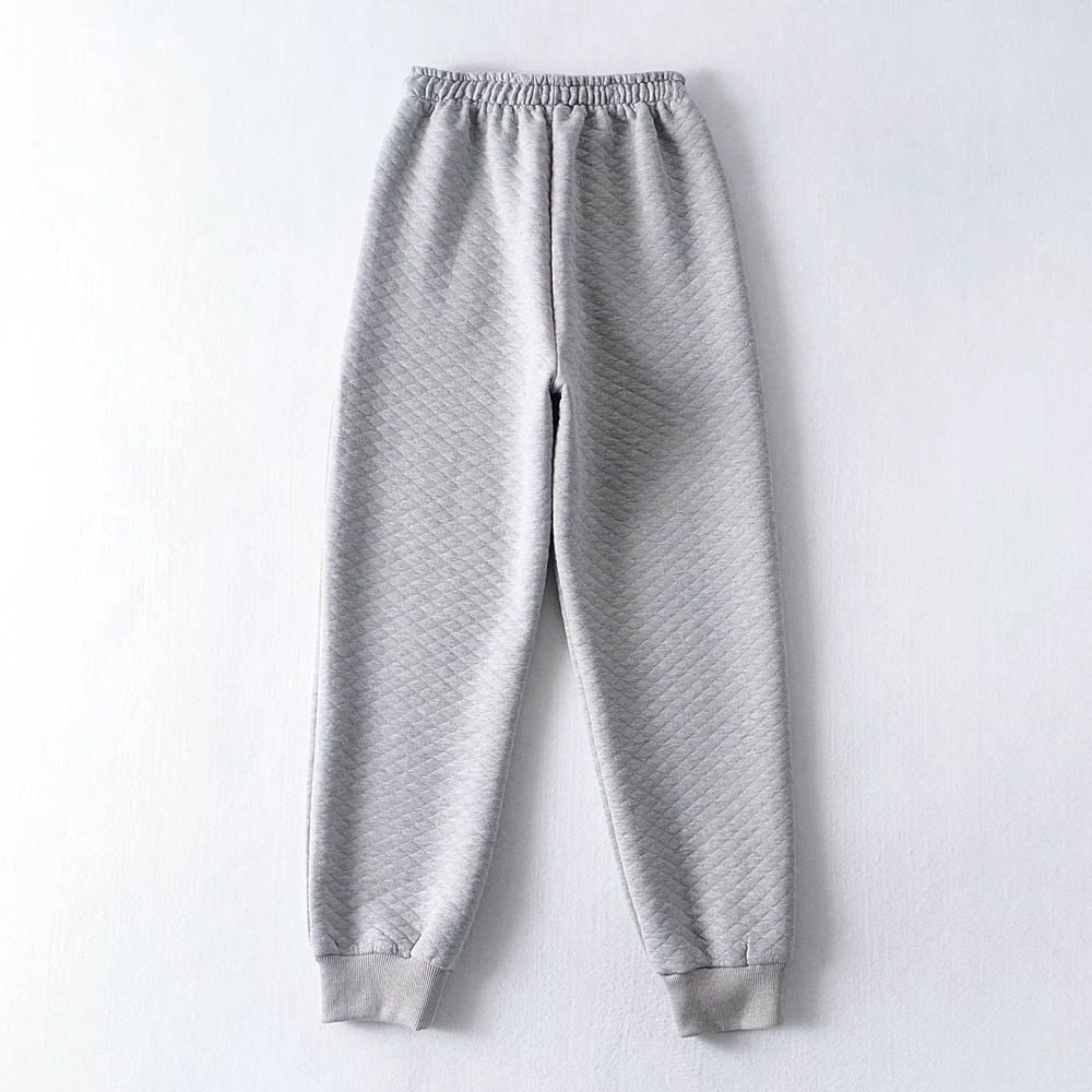 2 Pieces Set Streetwear Quilted Plaid Hooded Sweatshirt Front Pockets Women Hoodies Elastic Waist Sport Pants Causal Jumper Gray 210429