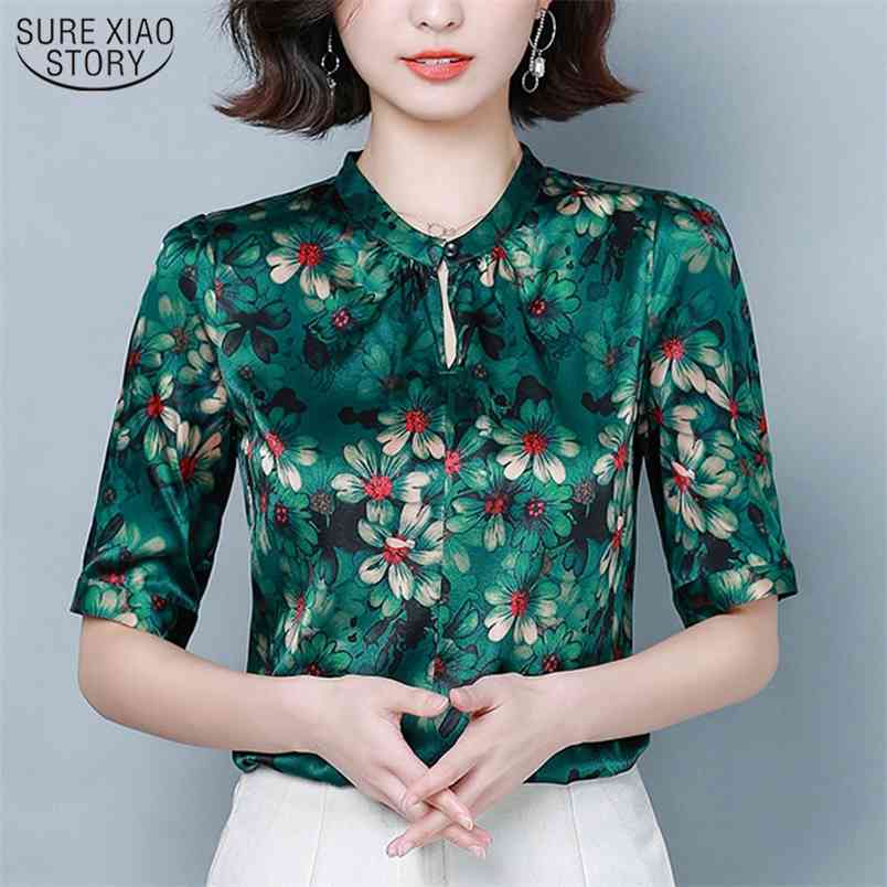 Fashion Silk Blouse Blusas Mujer De Moda Women Summer Plus Size Tops Vintage Print Stand Clothes 4XL Shirt 8910 50 210506