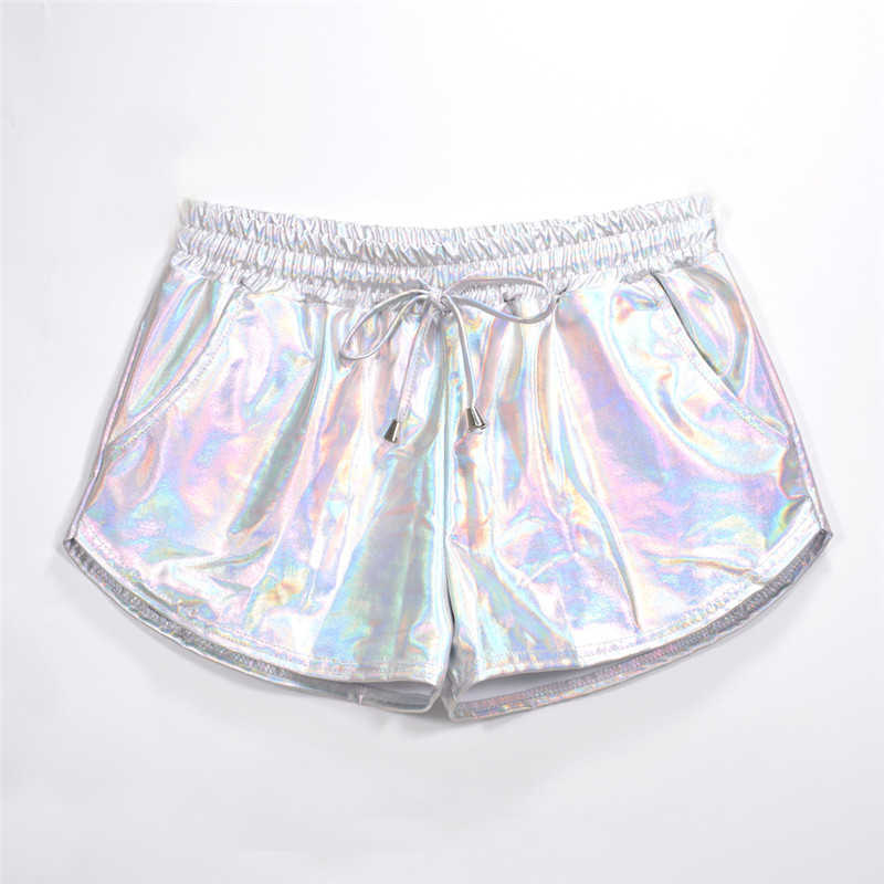 Women Shiny Metallic Shorts Summer Holographic Wet Look Casual Elastic Drawstring Festival Rave Booty Shorts 210611