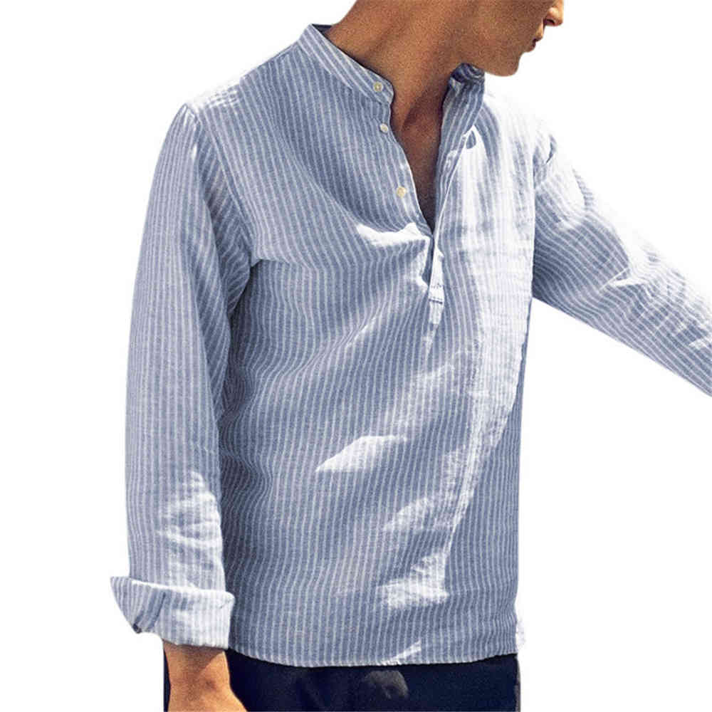Helisopus New Cotton Long Sleeve Mens Shirts Spring Autumn Striped Slim Fit Stand Collar Shirt Male Clothes Plus Size 5XL 210410