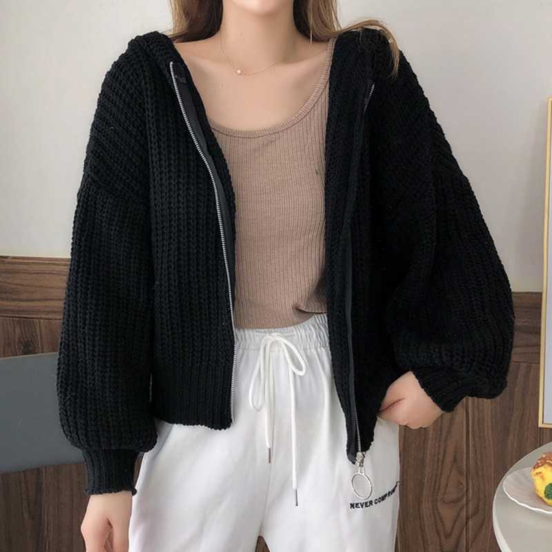 Yedinas Winter Cardigan Women Long Sleeve Hooded Black Loose Knit Casual Sweater Korean Fashion 210527