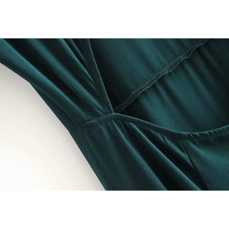 Vintage French Style Plain Green Backless Split Midi Dress Elegant Woman Hollow Out Hole Short Sleeve Slim Tea Dresses Vestido 210429