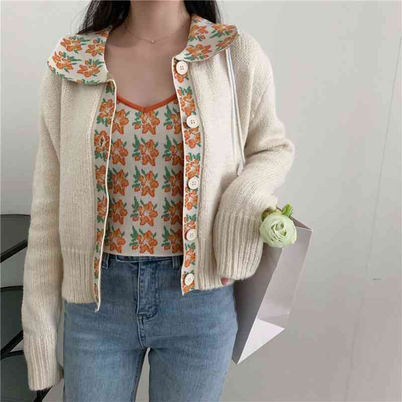 Sweaters Jumpers Floral Print Camisole Sexy Tops Retro Fashion Sweet Long Sleeve Peter Pan Collar Cardigan Flower Knitted Jacket 210429