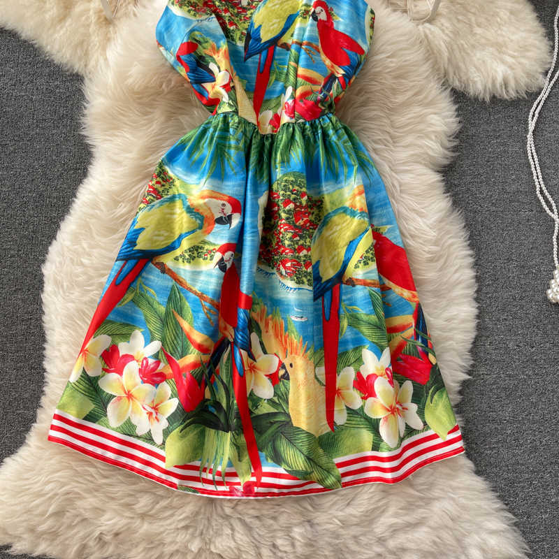 DEAT Women Strap Printing Dress Square Collar Sleeveless Arrivals Lady Temperament Fashion Spring Summer 11D571 210709