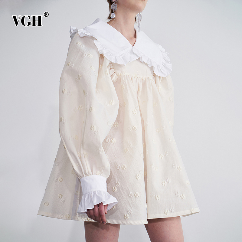 VGH Sweet Loose Dress For Women V Neck Lantern Long Sleeve Patchwork Hit Color Casual Elegant Dresses Female Fashion New Style 210421