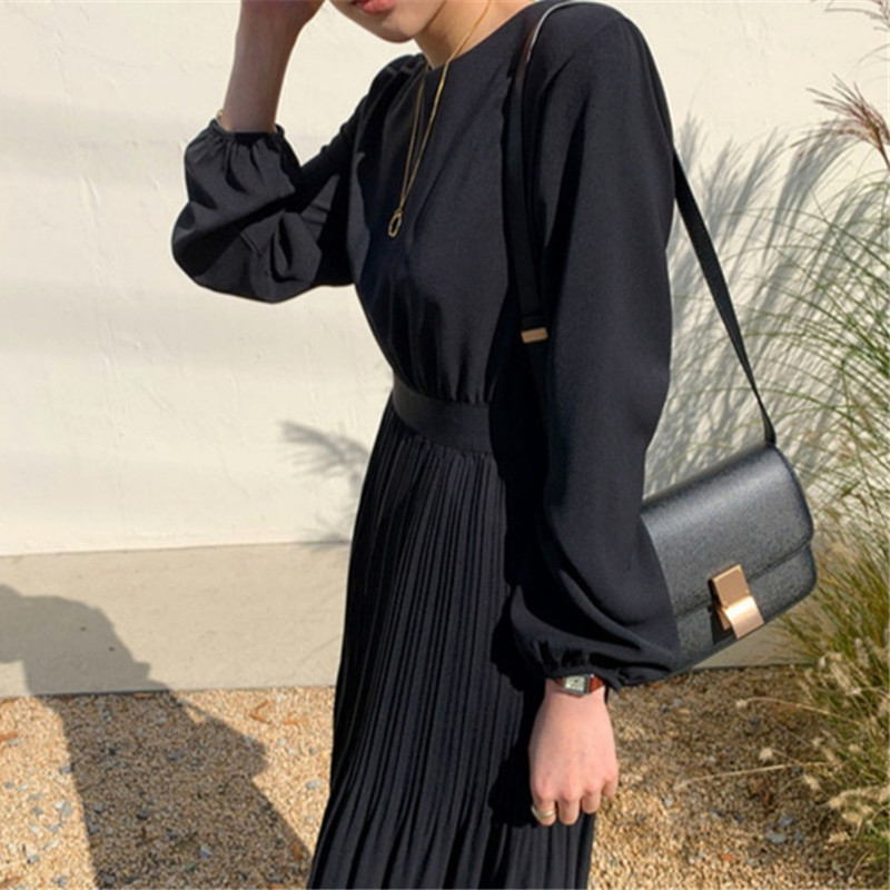 Minimalist Autumn Long Pleated Dress Women Vintage Elegant OL Work Wear O-neck Sleeve Maxi Dresses Vestidos 210421