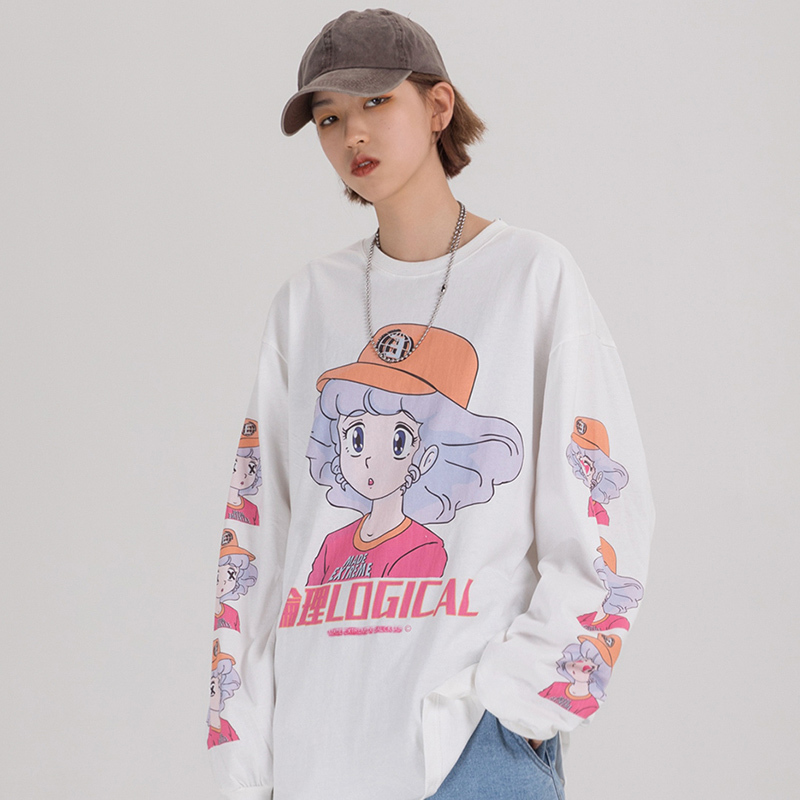 Men Hip Hop T Shirt Streetwear Cartoon Girl Print Harajuku Tshirt HipHop Oversize T-shirt Anime Cotton Tops Tee Long Sleeve 210329