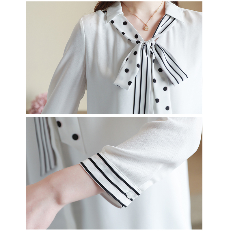 Spring Long Sleeve V-neck Elegant Chiffon Shirt Lace-up Polka Dot Women Tunic Ladies' Tops 8580 50 210427