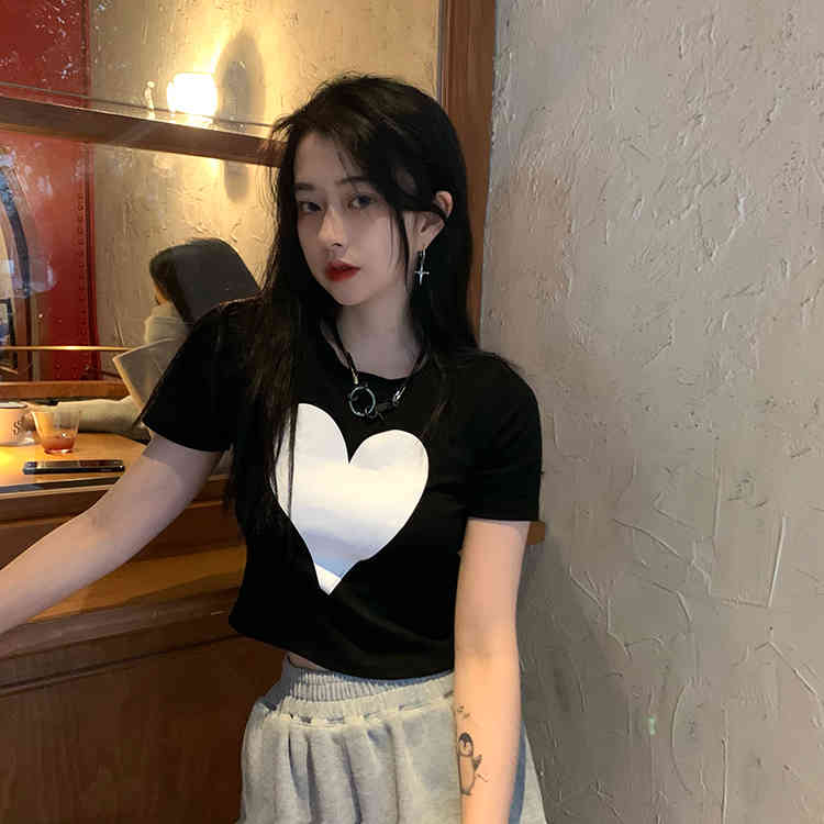 2Colors Summer korean style Big Love Short Sleeve t-shirt Womens Slim Cropped tops Tees shirt femme (F4279) 210423