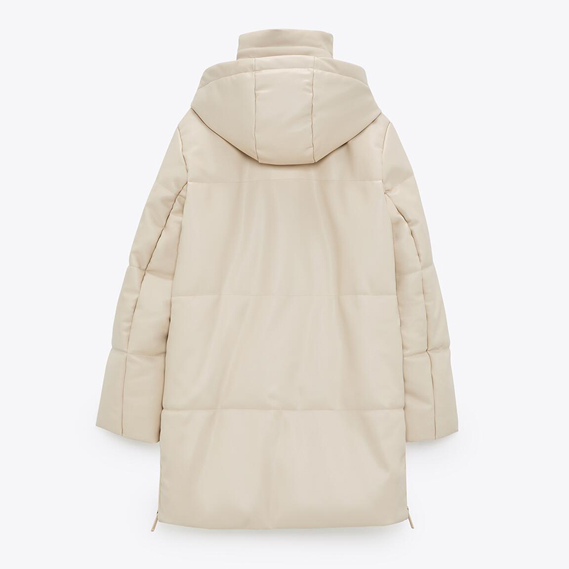 Winter coat Hooded Padded PU parka women Faux leather down jacket female loose zipper overcoat casual warm long coats 210521