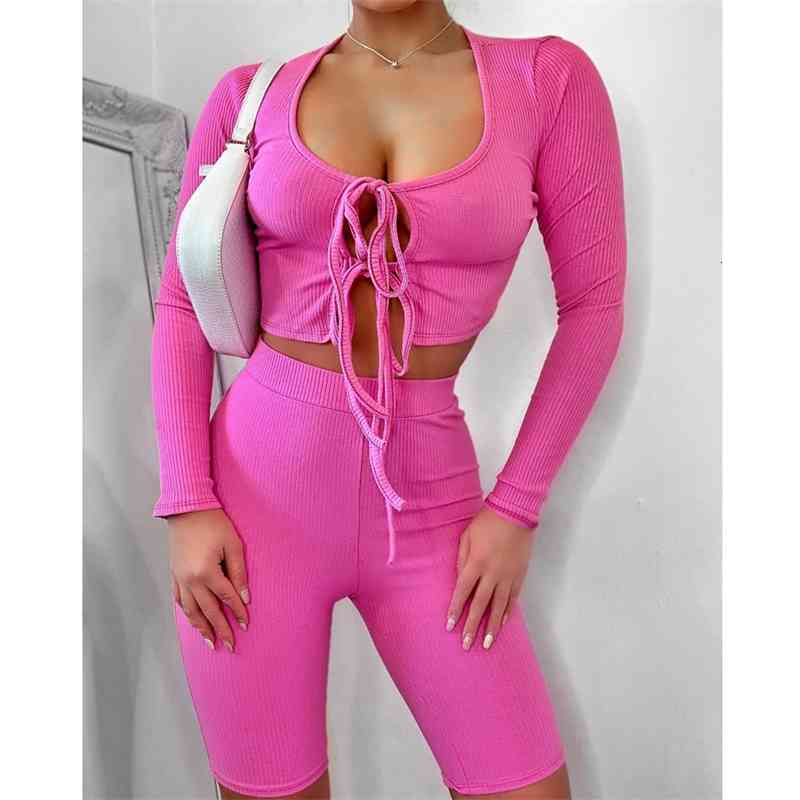 Casual Dresses Summer women's wear rose red collar long sleeved short tie with tight shorts two-piece suit CI60