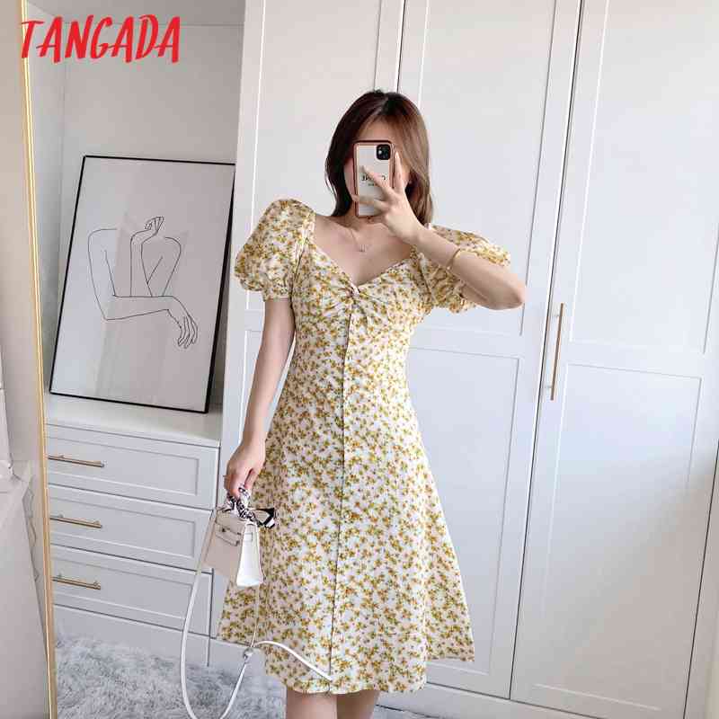 Summer Women Yellow Floral Print French Style Puff Short Sleeve Ladies Midi Dress Vestidos 5Z36 210416