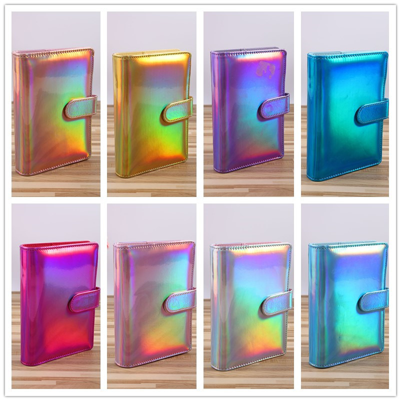 A6 Holographic Notebook Binder notepads PU Leather Refillable 6 Ring Binders for Filler Paper with Magnetic Buckle Closure can custom DIY