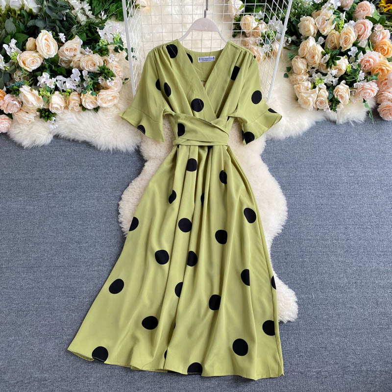 10 Color Summer Red V Neck Short Sleeve Bandage Waist Polka Dot Dress Women Flare Fashion Clothing Elegant Vestido 210429