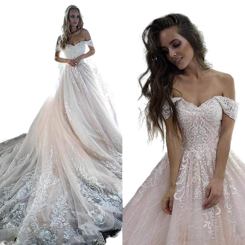 Luxury Light Pink Chapel Lace Wedding Dresses Bridal Gowns 2022 Off Shoulder Tulle Appliques Beads A Line Bride Weddings Dress Vestidos de novia Maria