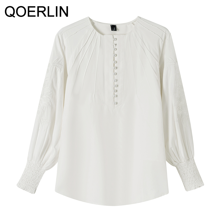 QoerliN Embroidered Blouse Women Elegant Lantern Sleeve White Blouse OL Stylish Pearl Decor Chiffon ChicShirts Plus Size 210412