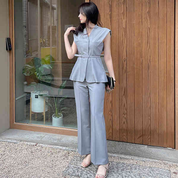 High Quality Summer 2 Piece Set Elegant Office Lady Sleeveless Slim Blouse And OL Work Long Pants Suit Female 210519