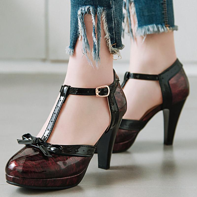 Sarairis High Heels Pumps Woman Shoes Women T-strap Bow Lovely Sweet Platform Lolita Heeled Plus Size 48 Dress