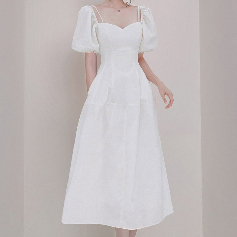 Fashion Summer Women White Elegant Dress V neck Puff sleeves Mid-calf Solid Empire Slim Party 210506