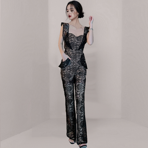 Sexy Lace Backless Women Square Collar Sleeveless Jumpsuits Ladies Elegant Fashion OL High Waist Slim Black Flare Rompers 210519