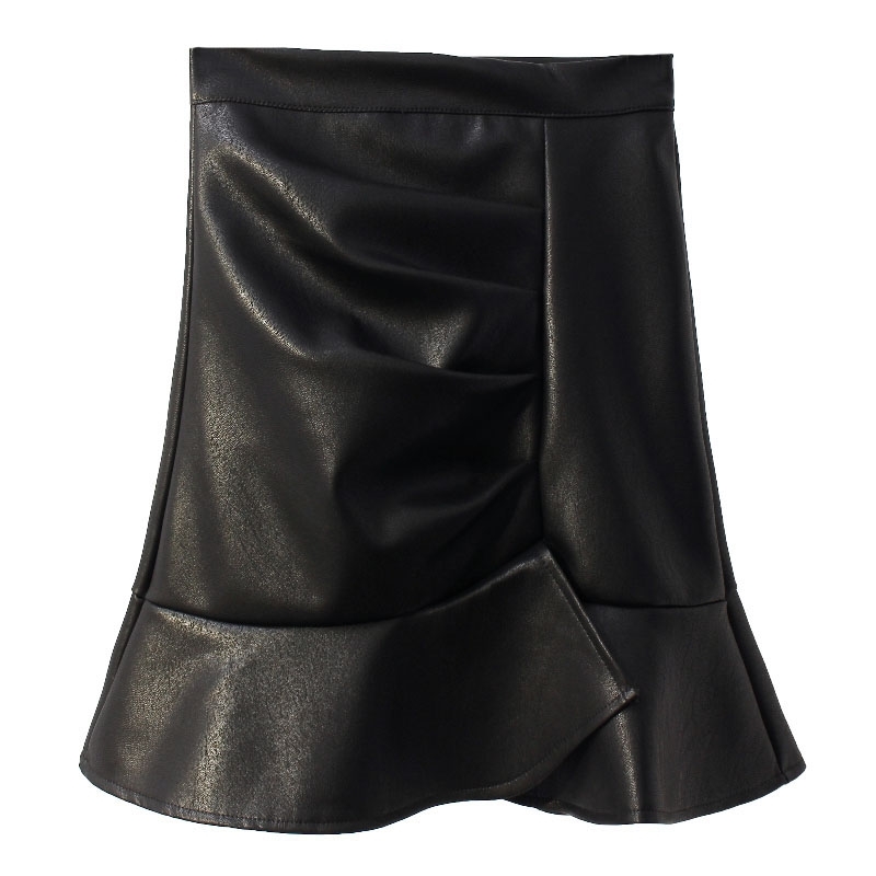 Elegant Solid Casual High Waist PU Fishtail Skirt Woman Autumn Slim Pleated Saias Faldas Feamle A-Line Mini 210514